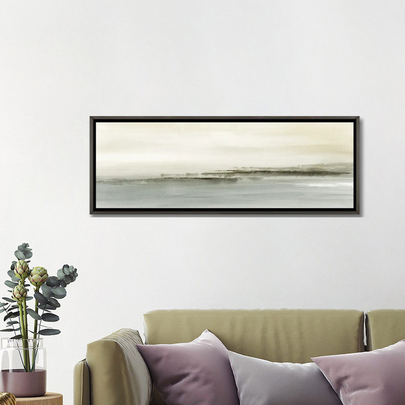 «Abstract Field Landscape Panoramic In Neutral Green», reproduction d'art encadrée, H 16 po x l 48 po, Gris
