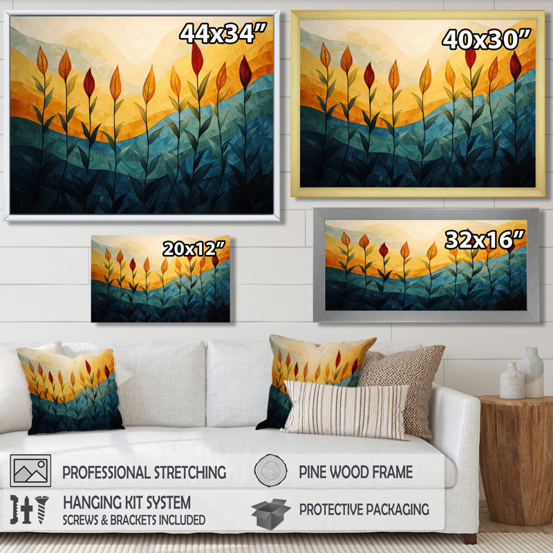Abstrait champ botanique de 4 saisons, Flow III - fleurs abstraites, art mural sur toile, H 24 po x l 32 po, Cadre flottant