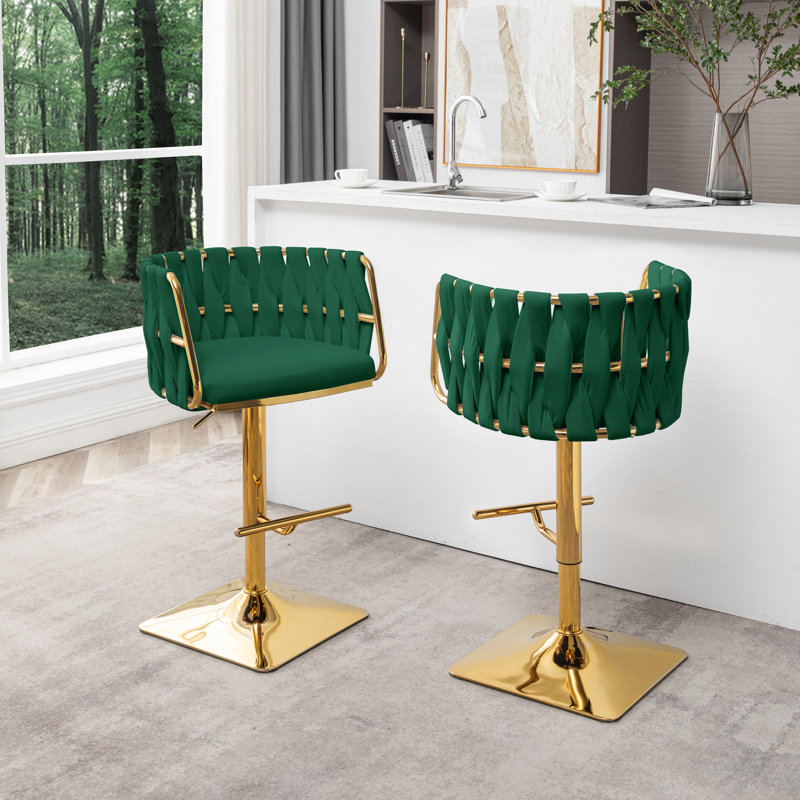 Mancias Swivel Upholstered Adjustable Height Counter Stool, Gold, Velvet Emerald Green