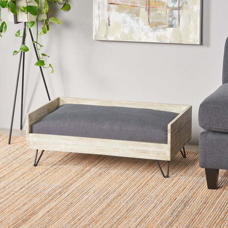 Wood Dog Bed In Mid-Century Modern Theme, With Water- Surface, Black + Grey Pet Bed, Cushion For A Peaceful Sleep, And
