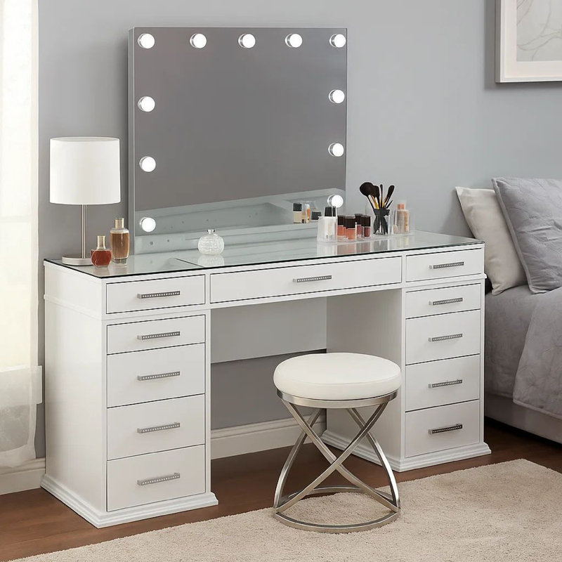 Vaz 3Pc LED Mirror Vanity Table Set, Glass Top, Padded Stool, Gray/Clear/Luminous White