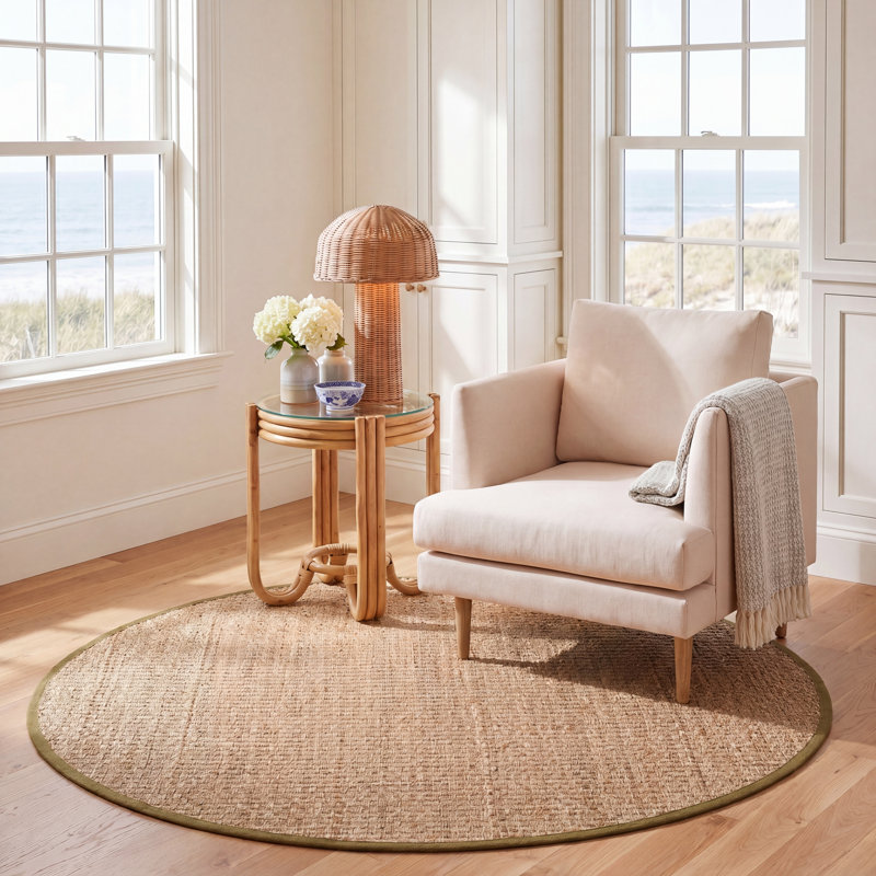 Auckland Bamboo Slat/Seagrass Natural/Olive Area Rug, Round 6'