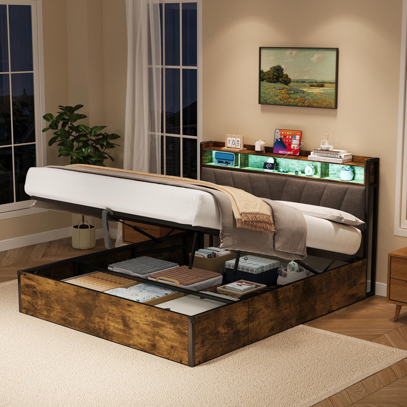Storage Bed With Led And Usb Industrial Style, 136 x 205 cm