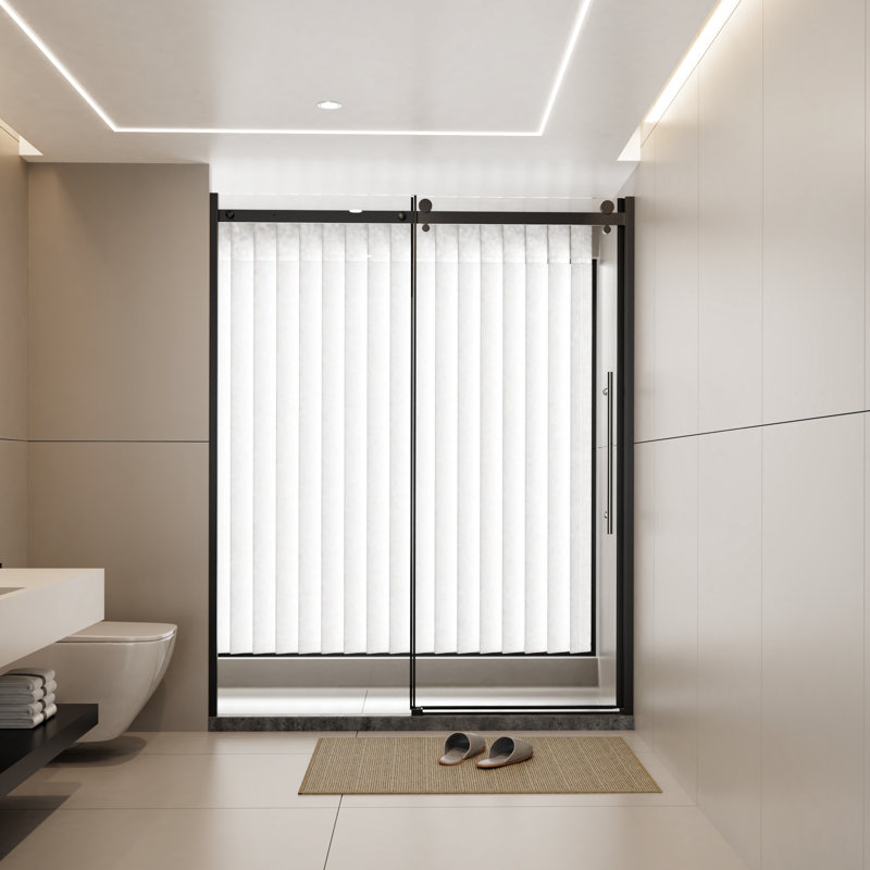 Porte de douche 60 po x l 72 po avec verre 1/4 po, poignée en acier inoxydable, rail à roulement en zinc, option d'espace, système trempé noir mat, surface,