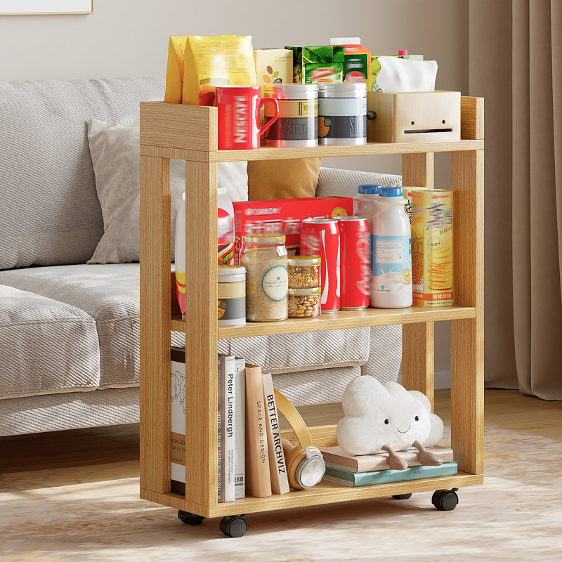 Small Bookshelf and Bookcase, 3 Tier Wood Nightstand with Wheels,Black, Yellow