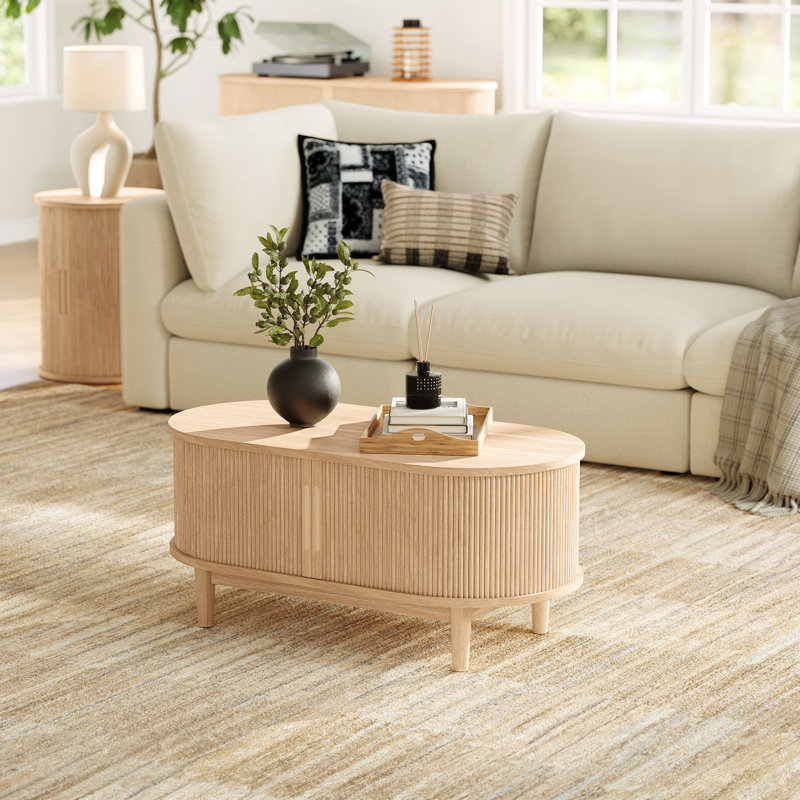 Mosser 4-Piece Fluted Living Room Table Set, Oak Wood