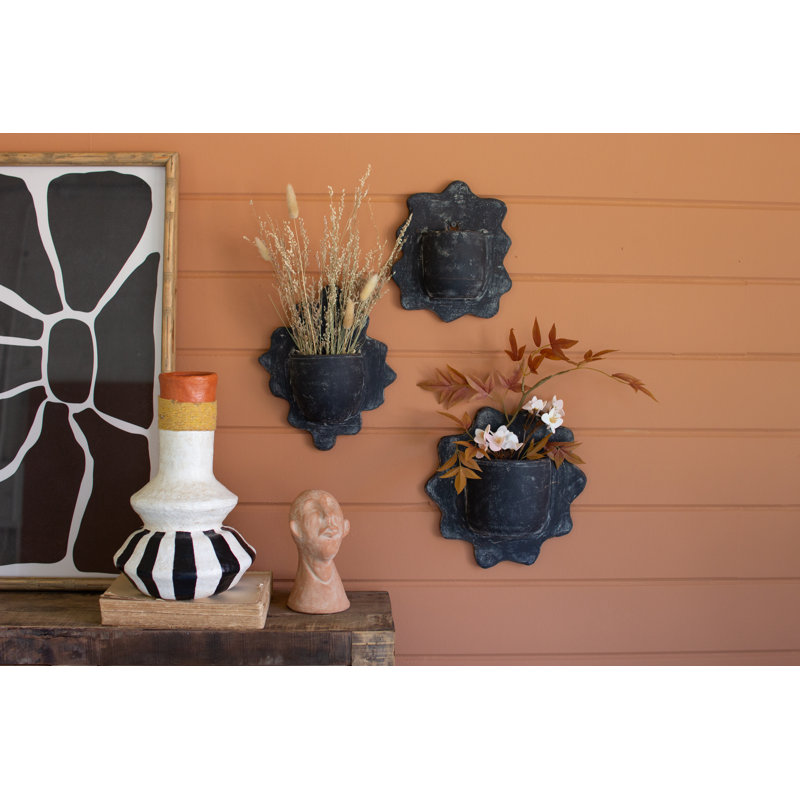  Handcrafted Wavy Clay Wall Planters 11"Tall – Black Set of 3