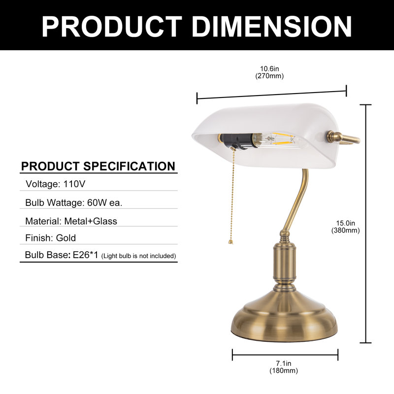 Black Glass Bankers Lamp With Gold Trim And Pull Chain Switch, Adjustable Desk Light For Office, Library, Or Study, White
