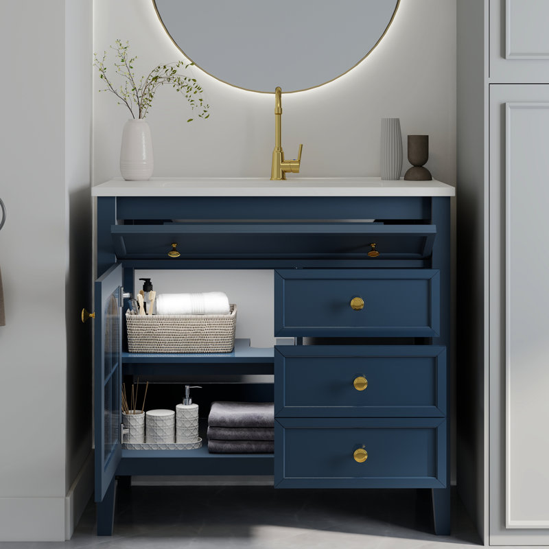 Meuble-lavabo simple 35,6 po avec lavabo et plateau en céramique, meuble-lavabo de style Mid-Century avec verre à motif et bande lumineuse à capteur de mouvement, armoire de rangement pour salle de bain avec tablette, bleu