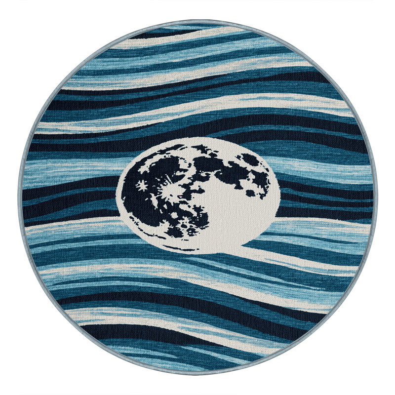  Washable Moon Over Water Hawaiian Area Rug, Rond 4 pi