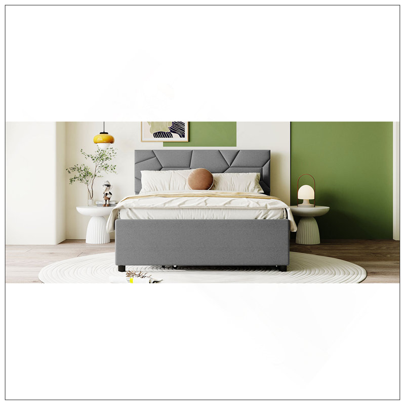 Lit plateforme tapissier avec tête de lit à motif brique et gigogne simple, tissu en lin, gris, idéal pour les chambres à coucher modernes et élégantes