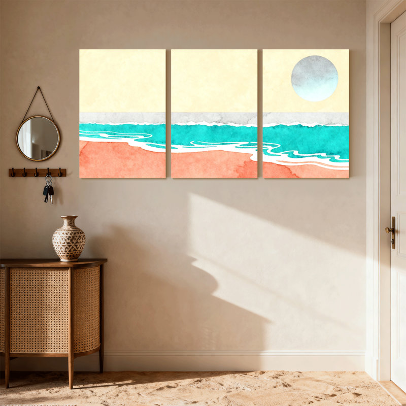 Nautique et plage, plage, vagues, coucher de soleil, océan, lune de sable, ensemble de 3 impressions sur toile