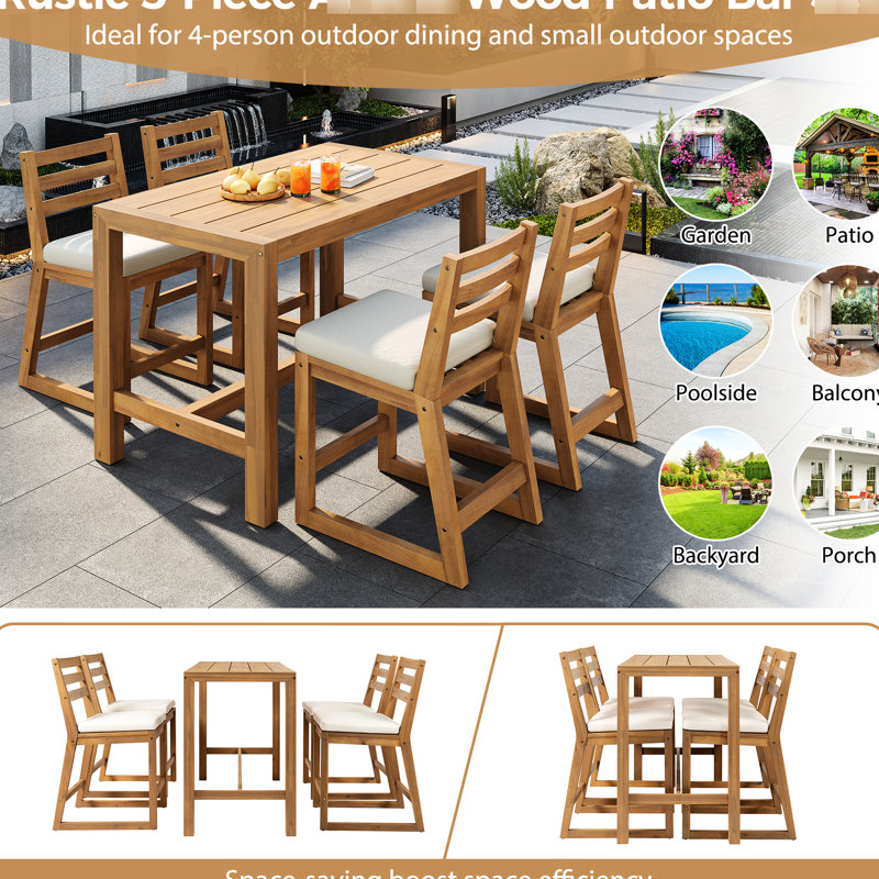 Patio rustique en bois 5 pièces avec assise confortable, résistant aux égratignures et à la décoloration