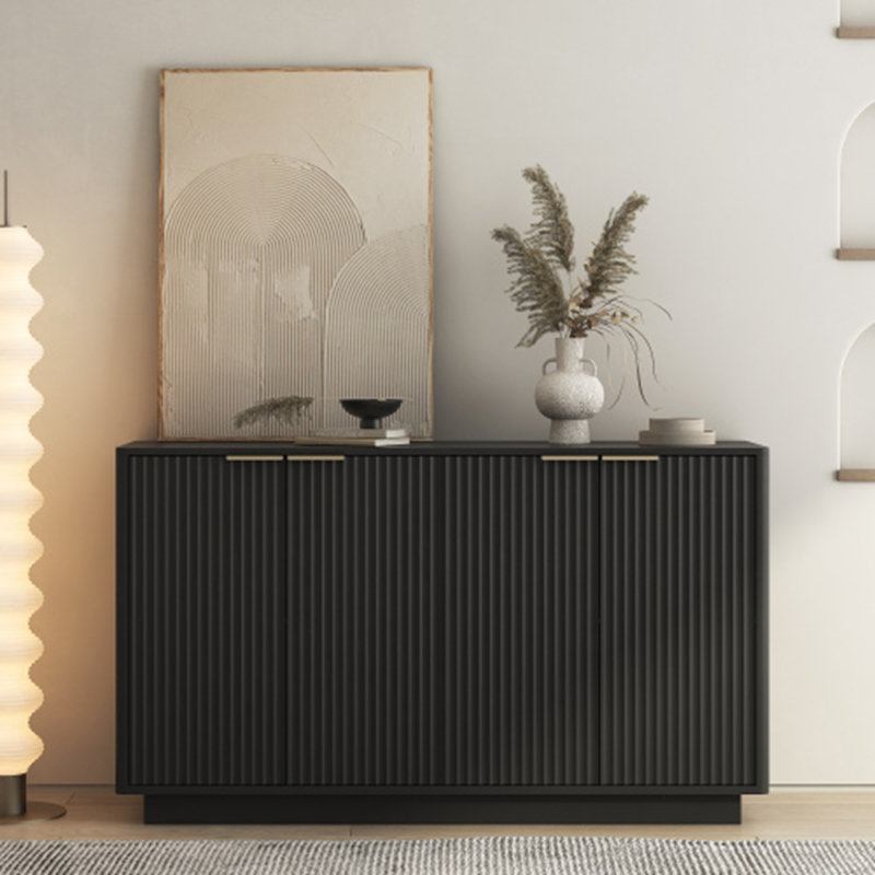 Buffet noir moderne avec rangement, grand buffet cannelé avec tablettes réglables, crédence, console d'appoint