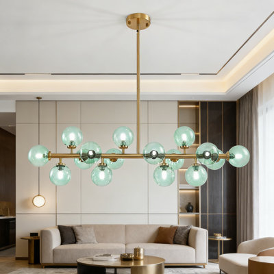 Mid Century Modern Linear Sputnik Chandelier With Green Glass Rectangular Pendants, Adjustable Dimmable Gold Fixture For Kitchen Island, Dining Room, And Over Table Lighting