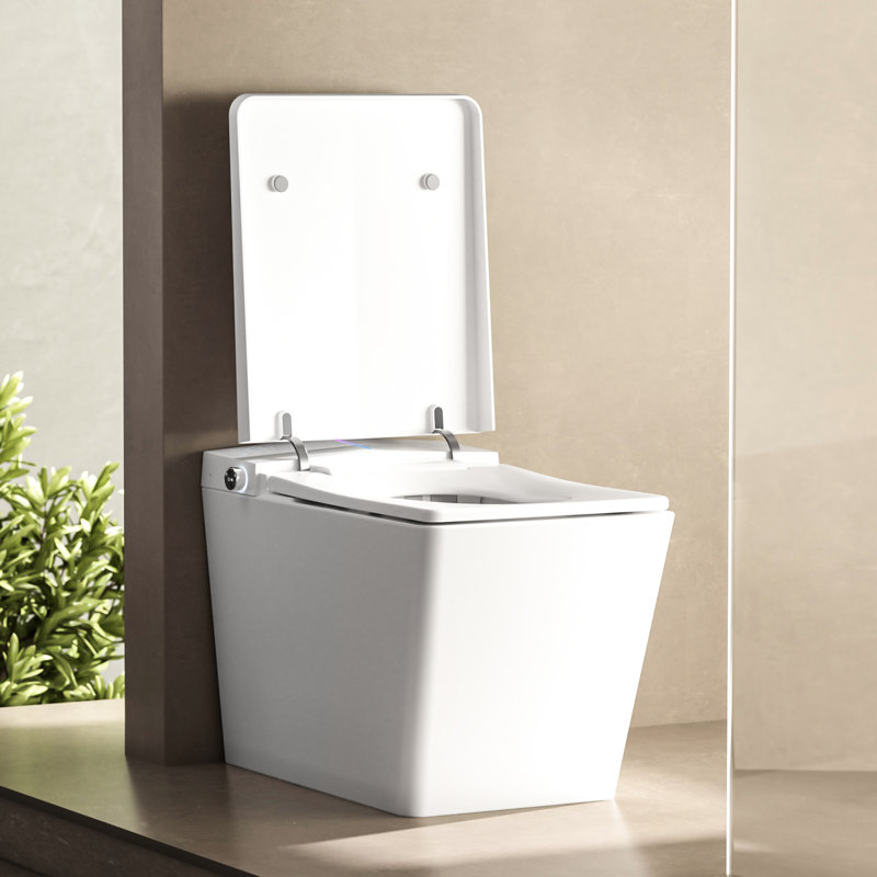 Toilette carrée intelligente avec réservoir intégré pour salle de bain moderne - télécommande, chasse d'eau automatique, siège chauffant, affichage numérique à DEL, personnalisable par l'utilisateur, commande intégrée blanche, système de chasse d'eau, fonction de siège, panneau,