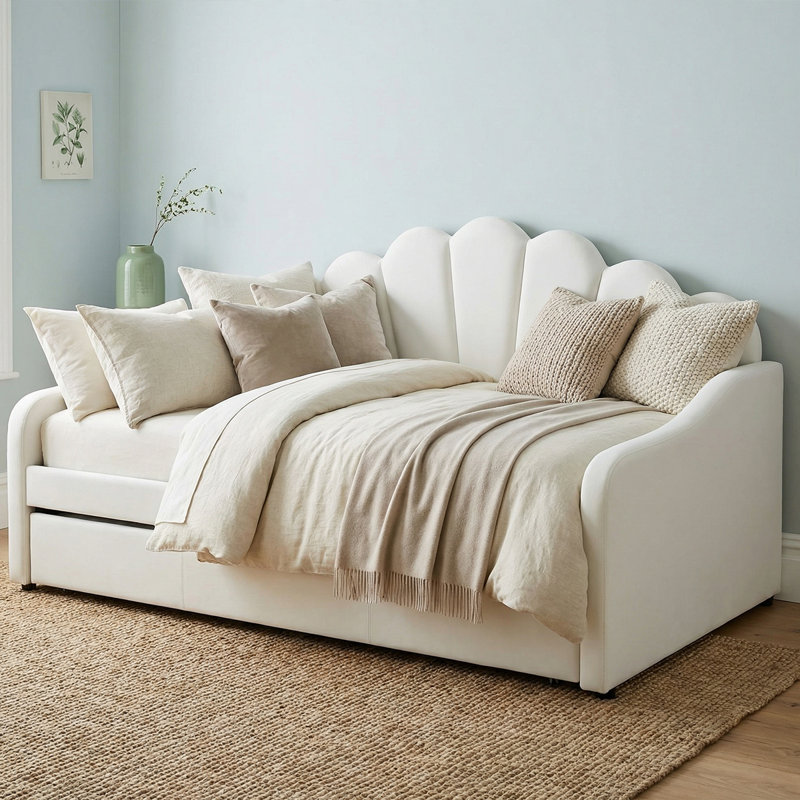 Velvet Upholstered Daybed With Elegant Shell Design And Trundle – Full Size Frame,Classic Upholstered Frame, White