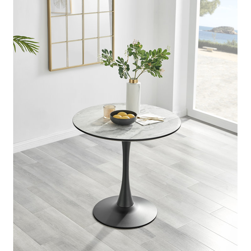 Eubanks White Marble Effect Melamine Round 80cm Dining Table And Chairs - 2 Velvet Dining Chairs, Blue/Silver
