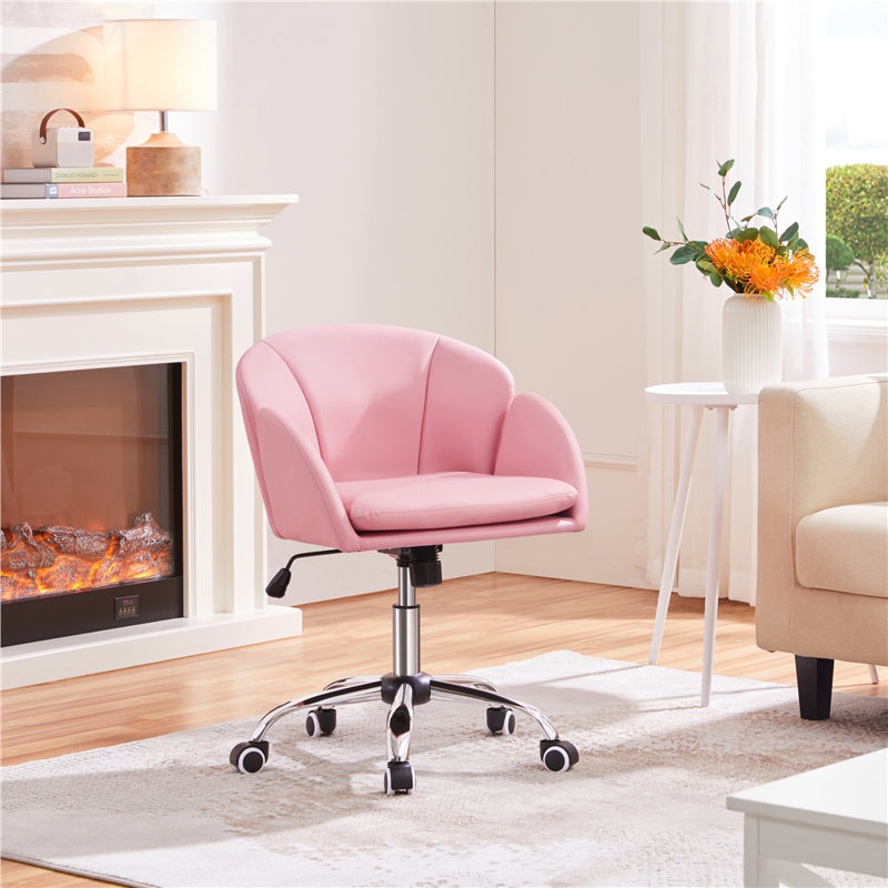 Desk Chair With Petal-shaped Backrest, Simple Pink Faux Leather