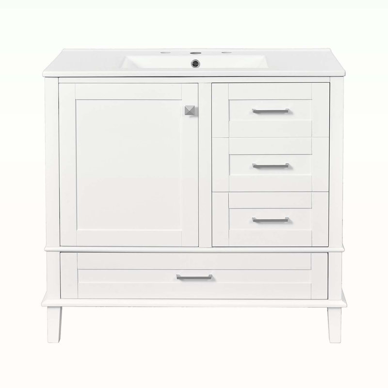 Armoire de rangement de salle de bain avec lavabo et structure en bois, Blanc, Chrome chrome