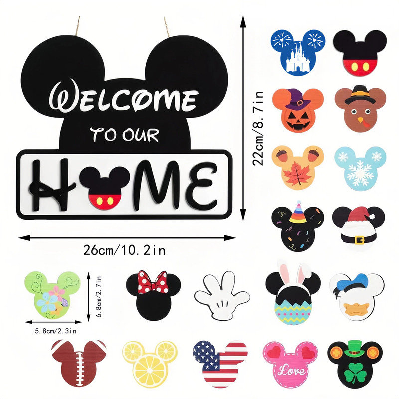 19 Pcs Mickey Welcome Door Sign Interchangeable, Seasonal Wooden Hanging Door Decor