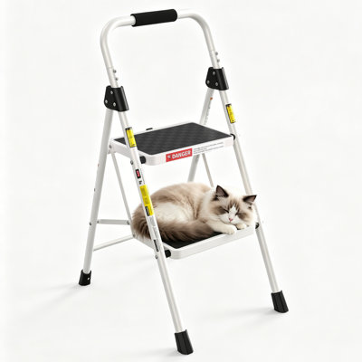2‑Step Folding Ladder for Adults, Step Stool with Cushioned Handle, Wide Pedal, 330 lbs Heavy Duty Capacity