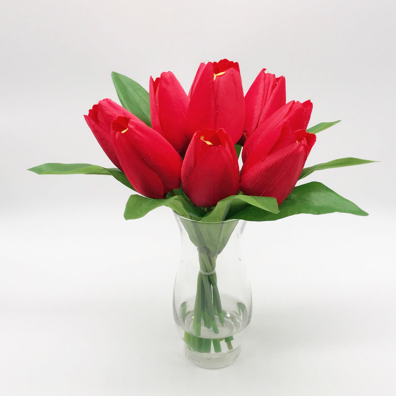 Red Silk Tulip Tabletop Centerpiece in Clear Glass Vase