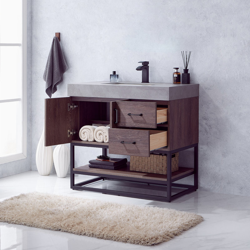 Ensemble de meuble-lavabo simple 36 po Alistair, Noir mat, Chêne naturel, Blanc