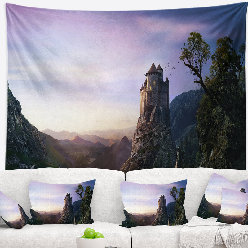 Photographie misty castle paysage tapisserie, H 32 po x l 39 po