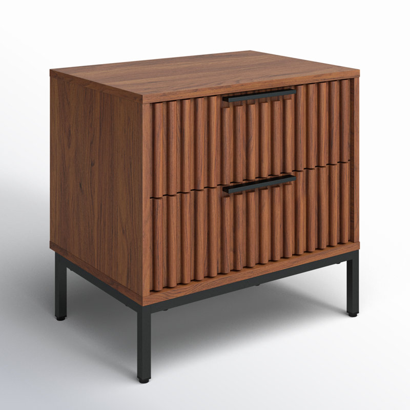Walnut and Black Modern 2 Drawer Nightstand with Fluted Detail