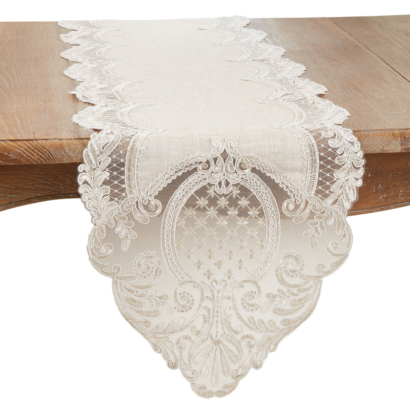 Elegant Embroidered Lace Table Runner, 120" x 16", Natural