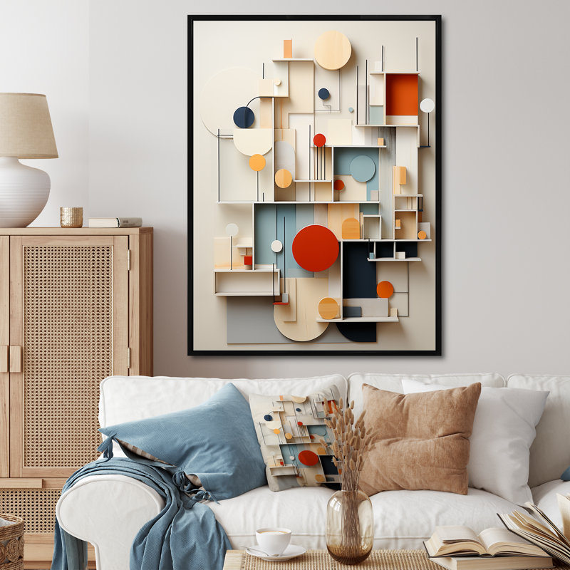 Abstrait géométrique blanc et bleu - Formes essentielles abstraites, Cadre flottant noir, H 20 po x l 12 po x P 1 po