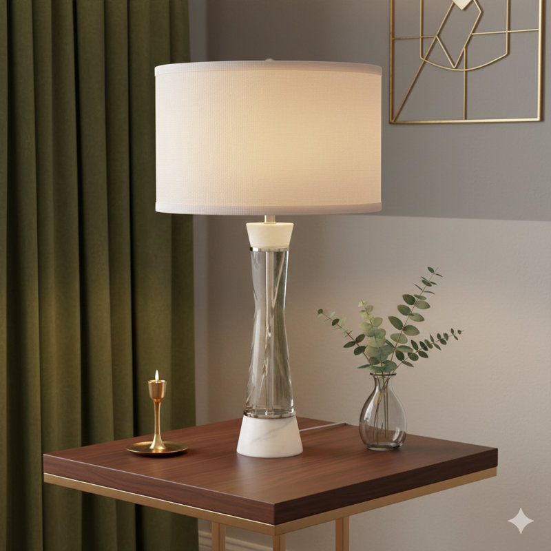Lampe de table en marbre blanc et bronze avec cylindre en verre D15x30,2 po (assemblage de l'abat-jour requis)