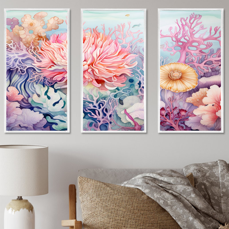 «Colorful Coral Reef Heaven I» - ensemble d'art sur toile corail sous l'eau, Cadre flottant blanc, H 32 po x l 48 po x P 1 po