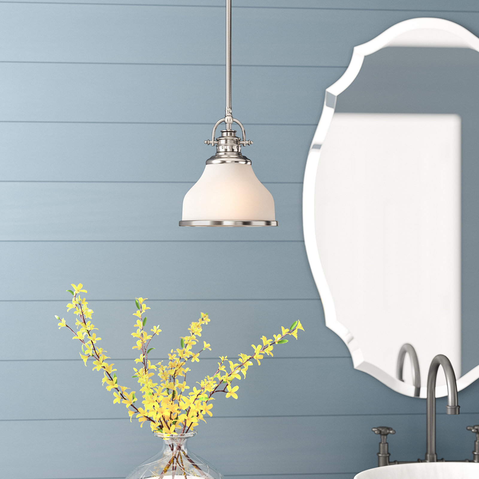 Maybery 1 - Light Single Dome Pendant, 9.5" H x 8" W x 8" D, Opal Etched Glass, Brushed Nickel