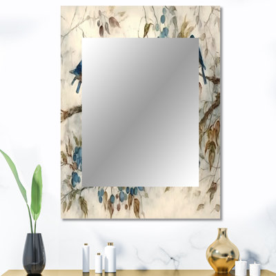 Quatre oiseaux bleus rétro sur une branche IV - miroir d'oiseaux, miroir mural bleu unique, impression d'art en métal