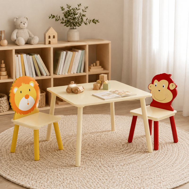 Ensemble 3 pièces de table pour enfants et 2 chaises, table de jeu pour tout-petits en bois à thème lion et singe, assemblage facile