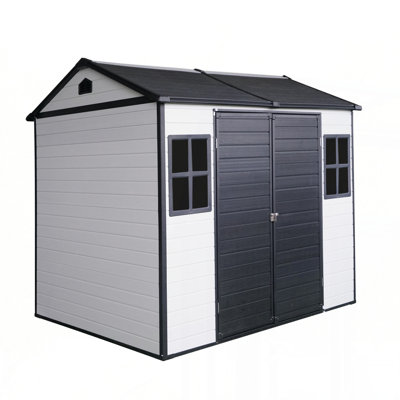 8 x 6 ft Resin Outdoor Storage Shed Waterproof Shed with Floor & Two Windows & Lockable Door, Tool Shed for Garden, Patio, Backyard,Grey White