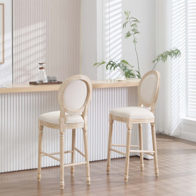 French Country 30'' Height Bar Chairs Set Of 2, Upholstered With Round Back, Wire Drawing And Carving Techniques, Disassemblable For Living Room, Kitchen, Restaurant Use