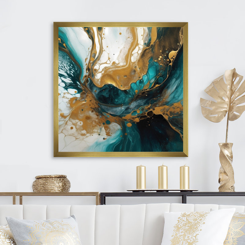 Turquoise et or sculptant l'espace - Art abstrait sur toile géométrique, H 24 po x l 24 po x P 1 po, Encadrement doré