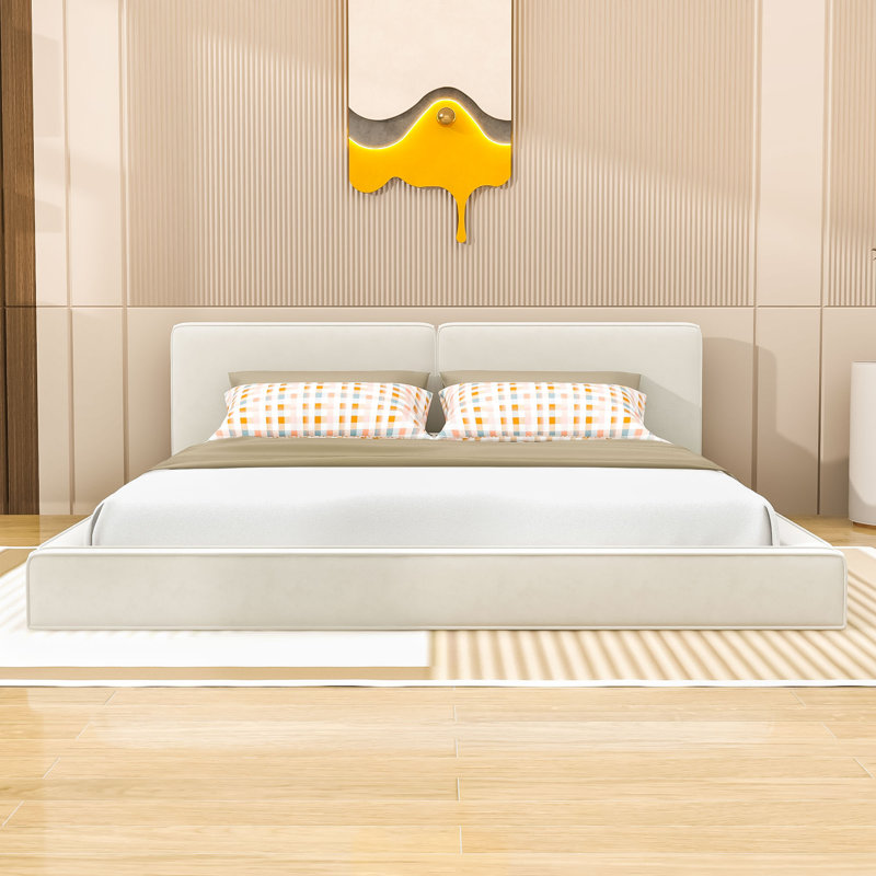 Wood Queen Upholstered Platform Bed with Headboard, Beige