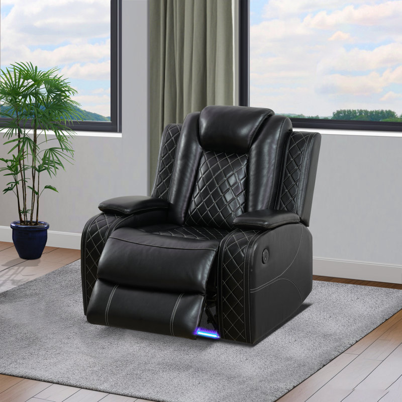Fauteuil inclinable électrique en cuir respirant de 37 po de largeur avec accoudoirs de rangement et lumières DEL bleues