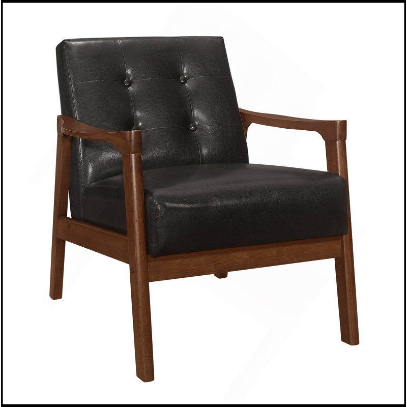 Accent Chair Button Tufted Upholstery Cushion Seat Mid-Century Modern Furniture Solid Rubberwood Frame 1Pc, Dark Brown