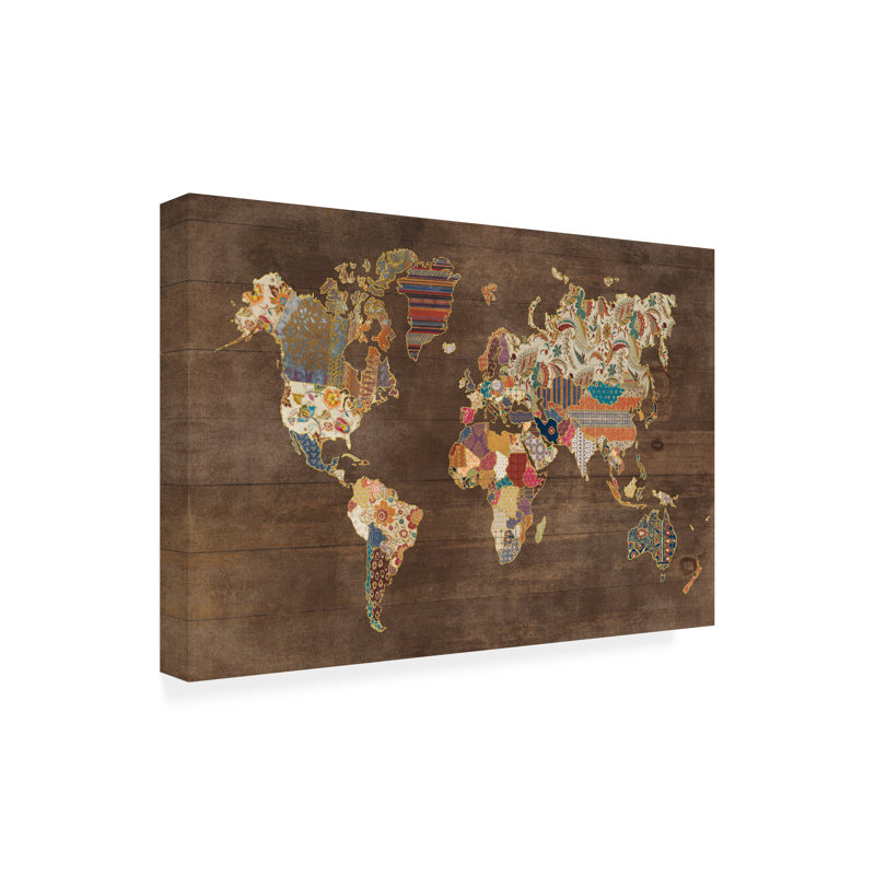 Motif, carte du monde sur bois par Laura Marshall - impression sur toile tendue, H 12 po x l 19 po x P 2 po