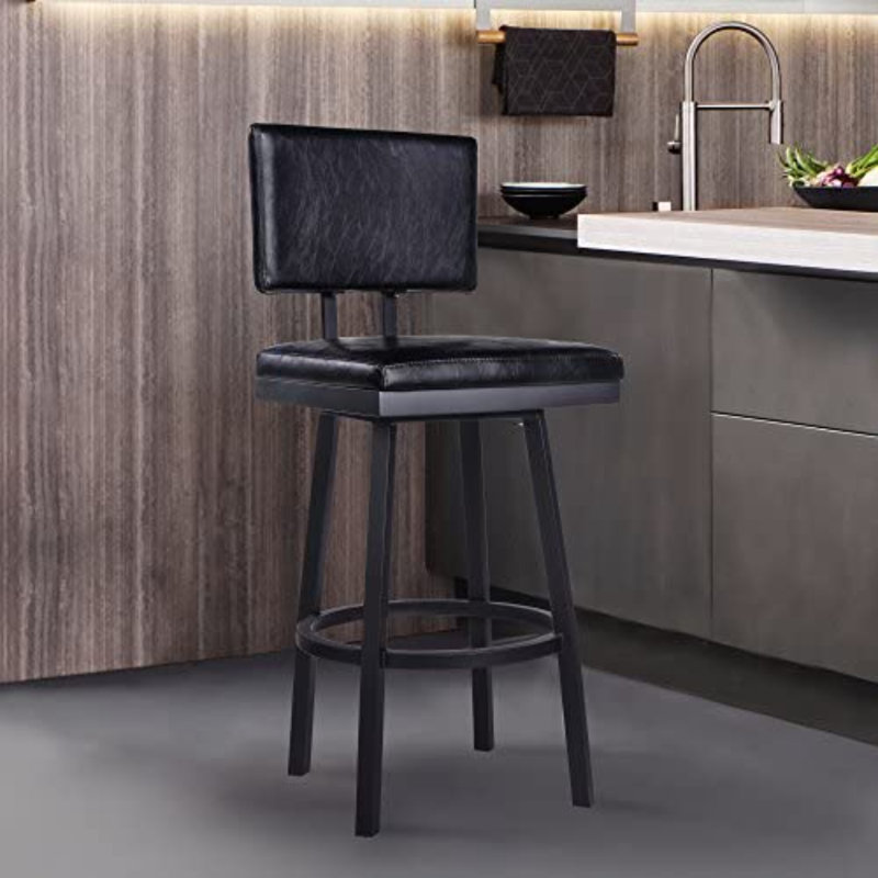 Nakagawa Swivel Counter or Bar Height Bar Stool with Footrest in Faux Leather and Metal Legs, Black, Black