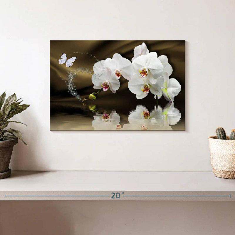 Orchidées blanches Harnek et papillon, H 8 po x l 12 po