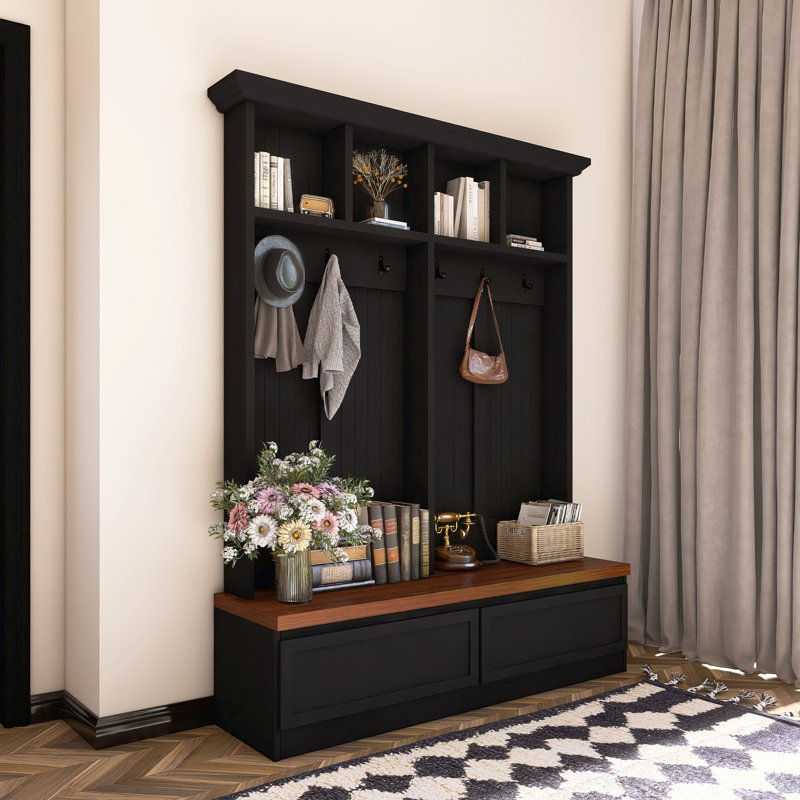 Farmhouse 4-In-1 Hall Tree With Wood Grain Bench, Black/Brown