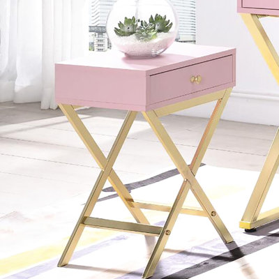 Table d'appoint rectangulaire rose et or avec un tiroir de rangement, finition en bois, base en métal en forme de X, glissière de tiroir en bois, pleine extension, finition blanche à l'intérieur, arrêt, fermeture manuelle, poignée
