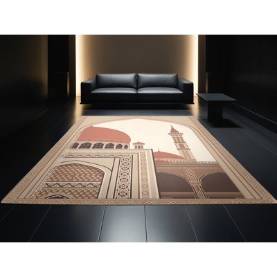 Machine Washable Parez Shiraz Nasir Mosque Global Inspired Oriental Rug in Brown – Beige Binding