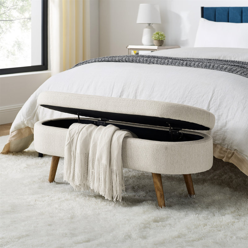 Caisyn Linen Upholstered Storage Bench, Beige, Walnut